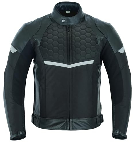 Texpeed Mens Leather Motorcycle Jacket - Waterproof Racing Motorbike Suit Top With Genuine Biker CE Armour (EN 1621-1) Protection Black - M
