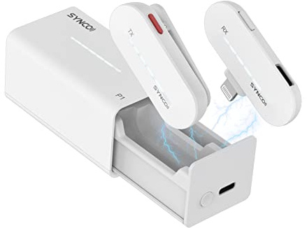SYNCO Trådlös mobil mikrofon, P1L 【MFi-certifiering】 Wireless Micro 2,4 GHz Lapel med laddningsfodral Kompatibel med iPhone iPad, Mikrofon-lapel Wireless-iPhone