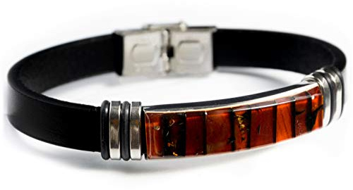 Kvinnor, män, unisex smycken, handgjort mosaikarmband av baltisk bärnsten med konstläderband, stängning av rostfritt stål, justerbar, UNIVERSELLE, Konstläder Rostfritt stål Sten, - Amber