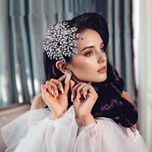 HONGMEI Bridal Rhinestone Headpiece for Wedding，Leaf Crystal Hair Pieces Bride Side Headpieces Wedding Hair Accessories for Women(Silver)