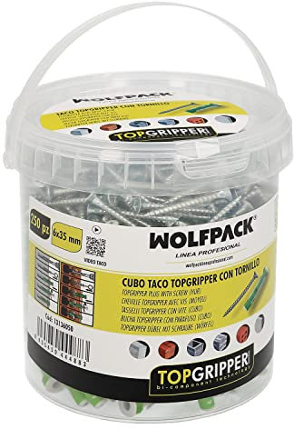 WOLFPACK LINEA PROFESIONAL - Cubo Tacos Topgripper Bimaterial Con Tornillos Ø 6 mm. 250 Piezas Taco Anclaje Universal, Taco Hormigon, Taco Pladur