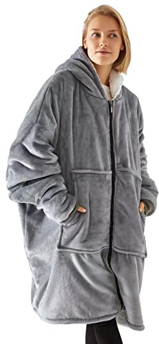 Suweir Decken Hoodie Oversize,Warmer Kuschelpullover Blanket Weich Pullover Decke Sweatshirt mit übergroßer Tasche, Reißverschluss Flanell für Damen,Herren,Jugendliche(Grau)
