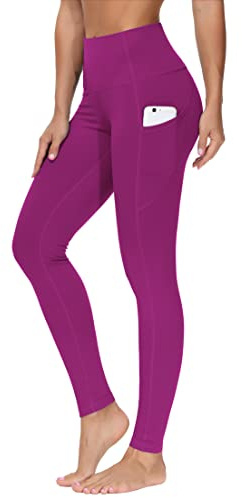 THE GYM PEOPLE Thick High Waist Yoga Pants with Pockets, Tummy Control Workout Running Yoga Leggings for Women (Medium, Fuchsia)