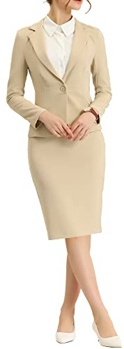 Allegra K - Traje de 2 piezas para mujer, conjunto de falda lápiz y chaqueta de manga larga, estilo formal, Caqui, XL