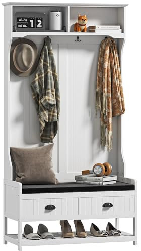 HOMCOM 2-in-1 Garderobenständer, Kleiderständer mit 4 Haken, Garderobe mit Schuhbank und Ablagen, Jackenständer mit Schublade, für Eingangsbereich, Flur, Schlafzimmer, Weiß+Grau