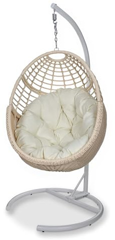 Erotr Egg Swing Chair with Stand: Hand Woven PE Rattan Hanging Chairs Hammock - Indoor Outdoor Swinging Lounger with Soft Cushion for 330lbs Patio Balcony Garden Living Room Bedroom Porch, Beige
