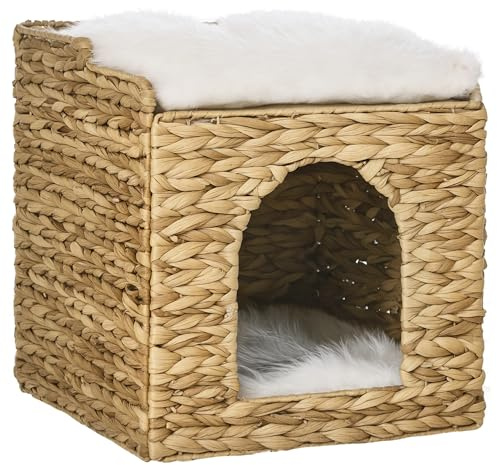 PawHut Maison à Chat Niche pour Chat à 2 Niveaux avec 2 Coussins en Jacinthe d'eau - 37,5 x 37,5 x 41,5 cm Marron, crème