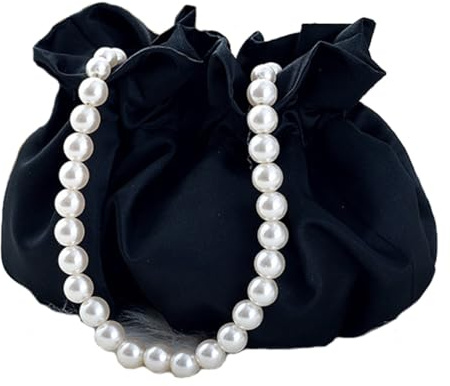 Wisafory Sac à main en satin pour femme avec poignée en perles - Petit sac de soirée - Sac de mariée - Sac à vêtements - Sac de poupée pour femme et fille - Accessoire de fête de mariage, Noir