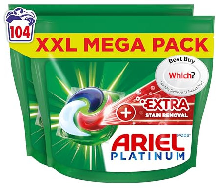 Ariel Platinum PODS® Laundry Detergent Capsules, 104 Washes (52 x 2) – Extra Stain Removal, Removes 7-Day Dried-In Stains