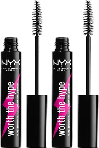 NYX Professional Makeup Worth the Hype Mascara, Für Voluminöse und längerwirkende Wimpern, Spitzzulaufende Bürste erreicht alle Wimpern, Jojoba-Öl, Farbton: Schwarz (Packung mit 2)