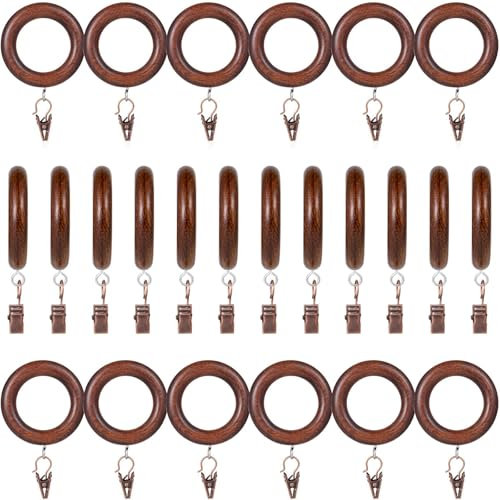 Booson 24Pcs Brown Beech Wood Curtain Rings with Clips, 1.8in Inner Dia