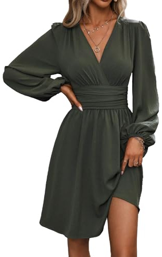 LIAMERHE Mini Robe Femme Manches Longues Col V Chic et Elegant Robes Manches Lanternes Automne et Hiver A-Line Casual Robe Casual pour Fête Noël Mariage Vert L