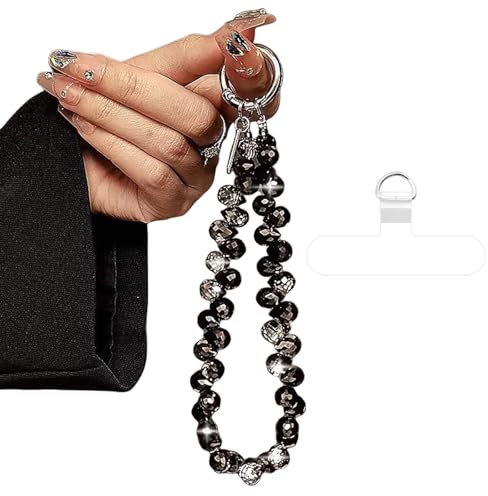 Calkkrer Correa para teléfono móvil con perlas de cristal negro, cadena para teléfono móvil de moda noble, llavero brillante Y2K, llavero único con encanto, encanto de teléfono, cordón para smartphone