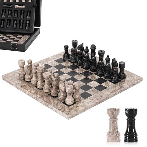 Marmor-Schach-Set für Erwachsene, 25,4 cm, handgefertigtes Ozeanisches & schwarzes Brettspiel mit 32 Schachfiguren, 2 zusätzlichen Königinnen & Aufbewahrungsbox, luxuriöses Reisespiel, elegantes