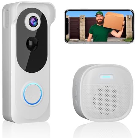 Wireless Video Doorbell with Chime, 2K HD No Subscription Security Doorbell Camera, PIR Motion Detection, Night Vision, 2-Way Audio, Battery Powered, SD Card/Cloud Storage, Works with Alexa and Google