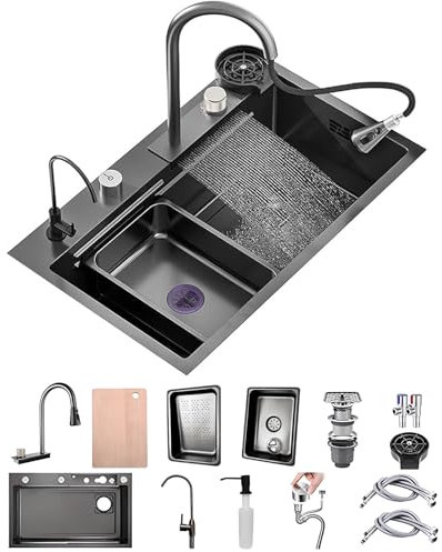 50 Cm Di Larghezza Nero Grande Cascata Lavello Cucina Acciaio Inox Set, Lavello Multifunzione1 Vasca Con Cascataterraneo Rubinetto, Lavandino Esterno Con Gocciolatoio E Vari Accessor(Black-Grey B,85x5
