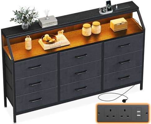 ODK Black Chest of Drawers Bedroom with 9 Fabric Drawers, Storage Dresser with 2 Sockets 2 USB Ports and LED Light Strip, Suitable for Bedroom, Living Room, 137 * 30 * 88cm Black