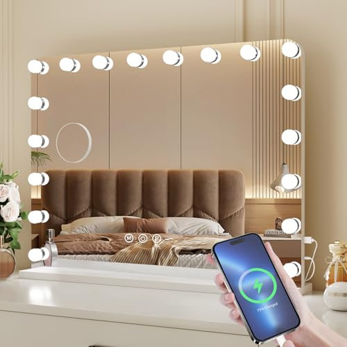 VOWNER Hollywood Espejo Maquillaje con Luz, 18 LED Regulable, Espejo de tocador con 3 Colores de luz, Control Táctil, Espejo de vanidad, Puerto USB y 10 Lupa, para Dormitorio