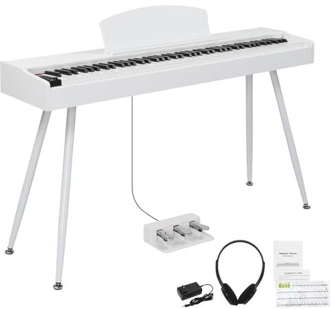 LEADZM 88 Tasten Digitalpiano mit Ständer, Voll Gewichtete Tastatur, E-Piano mit 3 Pedalen, 2 Bluetooth-Systeme, für Anfänger Geeignet, Weiß