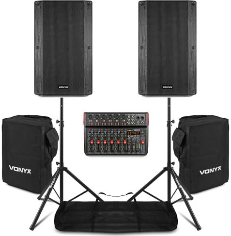 Vonyx VSA150S 15-Inch Active PA System with Mixer, Bluetooth, Speaker Stands, Carry Bags & XLR Cables - 1000W Complete DJ Sound Setup for Live Events, Bands & Stage Performances