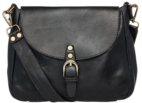 Caspar Klassische Vintage Umhängetasche aus samtweichem gewaschenem Leder Mittelgroße Cross Body Messenger Bag - SIGNATURE LINE - Modell No.821 - Made in Italy, Farbe:schwarz