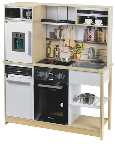 Theo Klein 7188 Cucina familiare Miele I Cucina in Legno con fornello con Funzione luci e Suoni, Forno a microonde e Frigorifero con distributore di cubetti di Ghiaccio