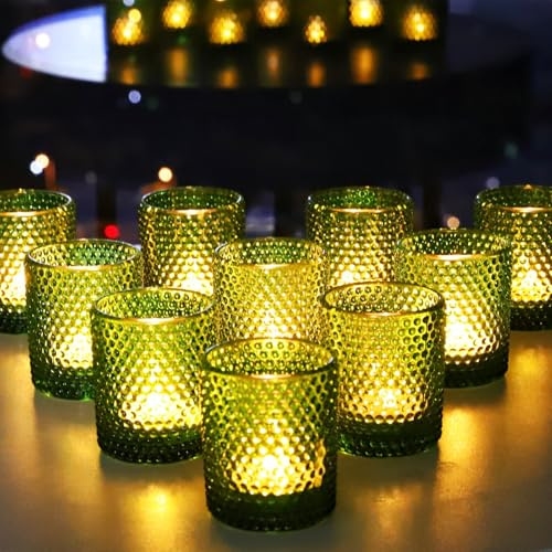 Green Tealight Holders Glass for Christmas, 12Pcs Bubbles Tea Light Holders