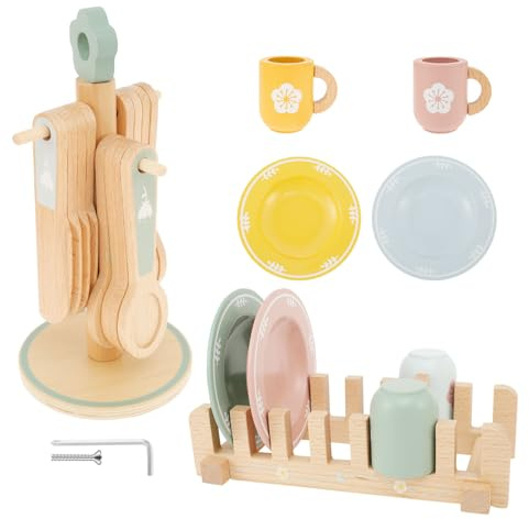 Wooden Kitchen Toys,22 Pcs Kid Wood Dinnerware Toy Set,Wooden Kitchen Dishes Playset for Pretend Play,Funny Toddler Children Cutlery and Plate Toy Set for 3 4 5 Years Old