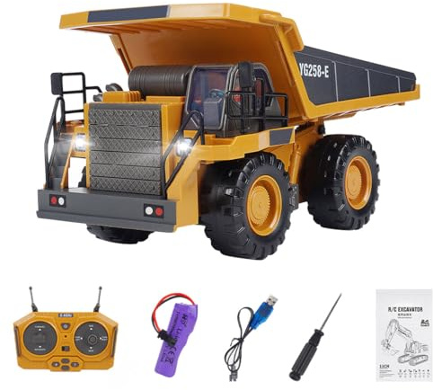 BAUBAUPLAY Camión basculante teledirigido 1/64 RC de aleación de 2,4 G con efectos de luz y efectos de sonido, mini RC construcción vehículo juguete para adultos