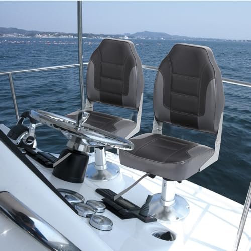 Folding Boat Seat Set of 2, High Back Captain Chair with High-density Sponge Padded Cushions, Fixing Strap & Stainless Steel Screws, Ergonomic Fishing Seating for Fishing Boat Yachts - grey