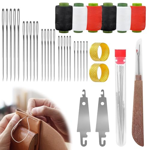Conjunto de agujas de coser Big Eye de acero, juego de 37 agujas de acero inoxidable para coser a mano, juego de agujas Big Eye de acero con ojo grande – largas y delgadas agujas de costura y quilting