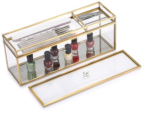SUMTree Golden Metal Glass Nail Polish Organiser with Tray and Lid for Nail Care Tools Cosmetic Supplies, Bathroom container for Cotton Pad, Makeup Box for Lipstick Brow Pencil Cream Blush, 30*9*9.5cm