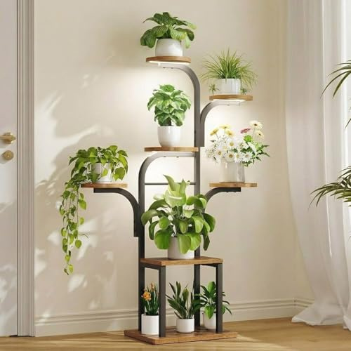 HOOBRO Soporte para Plantas de Interior con 3 Luces de Cultivo, Temporizador e Intensidad Regulables, Macetero con 7 Niveles y 120 cm de Altura, Dormitorio o Balcón, Marrón Vintage y Negro EBF09DHJ01