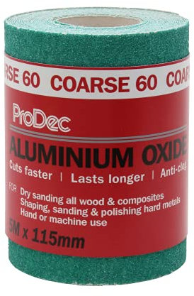 ProDec Rollo de 5 m de papel de lija abrasivo de óxido de aluminio verde de grano grueso de 60 G para lijar madera, pintura, yeso, papel de lija de 115 mm de ancho compatible con lijadoras a máquina