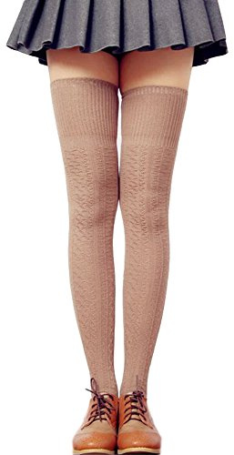 LSHARON Womens Over the Knee Thigh High Stockings Soft Knit Crochet Sock Leggings, Khaki, M