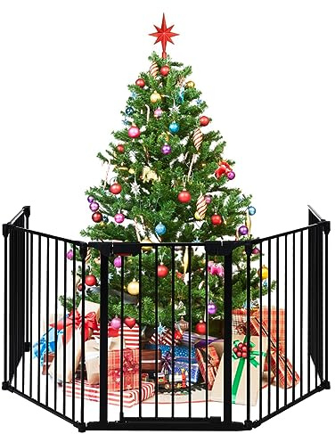 Costzon Baby Safety Gate, 121 Inch Length 5 Panel Adjustable Wide Fireplace Fence, BBQ Metal Fire Screen Gate, Pet Isolation Fence with Walk-Through Door, Freestanding Pets Gate
