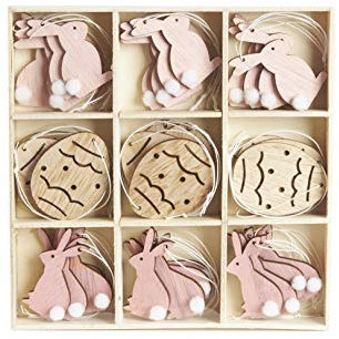 HEITMANN DECO Osteranhänger aus Holz zum Aufhängen - Hasen und Eier - Osterdeko, Frühlingsdeko - 36-teilig - Rosa, Natur, Pink, 17 x 17 x 2cm