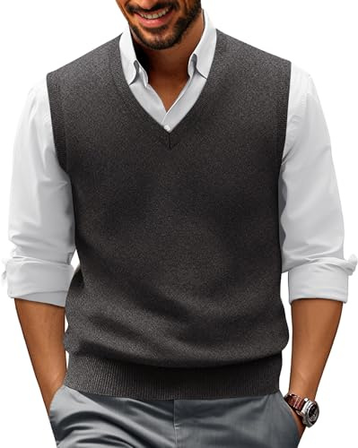 PJ PAUL JONES Mens Casual V-Neck Pullover Sweater Vest Solid Color Plain Knitwear Dark Grey L
