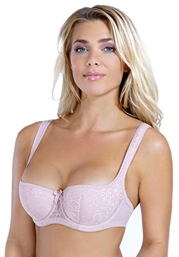 Rosme Women's Balconette Bra with Push Up Effect – Plus Size Sexy Lace Demi Half Cup Bra – Lightly Padded Underwired Low Cut Mesh Design Grand, Beige, Size 38F