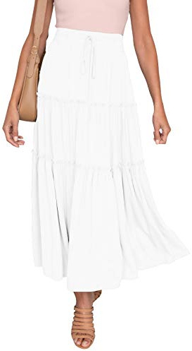 HAEOF Women's Summer Flowy Boho Maxi Skirt A Line Pleated Tiered Long Skirts with Pockets Fashion Beach Vacation Outfits (White, S)