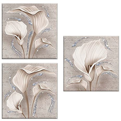 Lupia - Set 3 Pezzi Quadri su Tela Tema Floreale Canvas Day Brillant con Glitter 38x38 cm Calle Shabby