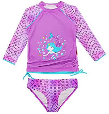 weVSwe Mädchen Rash Guard UPF 50+ Schutz Badeanzug Meerjungfrau Skala Langarm Zweiteiler Bademode Lila 3/4 Jahre