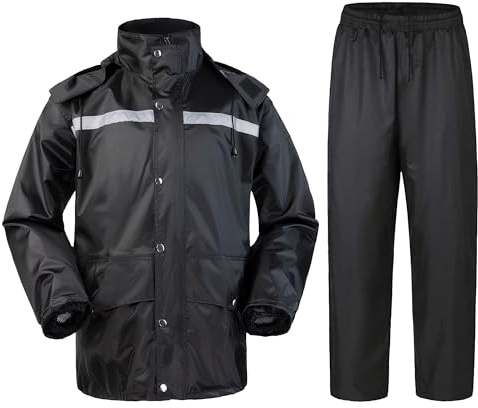 Oralidera Trajes Impermeables Hombre y Mujeres Chaqueta con Capucha y Pantalones 2 Piezas Traje de lluvia para Hombres Reflectantes Chubasquero Moto Hombre Completo, Negro, XXL