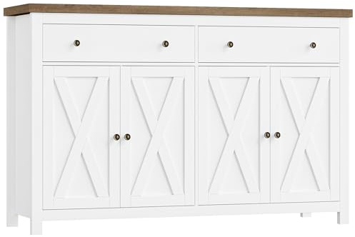 FOTOSOK Sideboard Buffet Cabinet with Storage, 55 Large Kitchen Storage Cabinet with 2 Drawers and 4 Doors, Wood Coffee Bar Buffet Table Console Table for Kitchen Dining Room, White