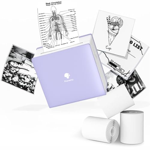 Phomemo Mini Tragbarer Drucker-Thermo Bluetooth Taschendrucker Instant Telefon Fotodrucker, kompatibel mit iOS, Android, für Journal DIY Studie Weihnachtskindergeschenk, lila, 3 Rollen Papier