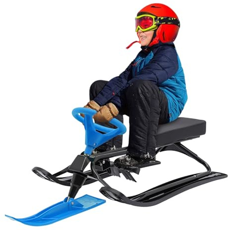 HinLIaDa Snow Racer Sled, Winter Ski Sled for Kids, Snow Sled with Steering Wheel & Twin Brakes, Great Weight Capacity of 220 LBS, Classic Downhill Steerable Sled for Kids Teenagers Adult (Blue)