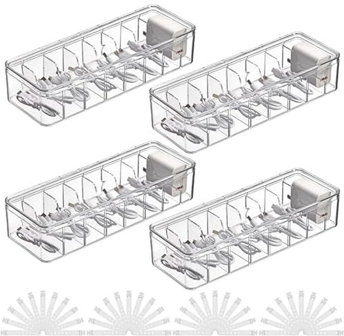 AHAQU 4PCS Cable Storage Box, 8 Grids Clear Cable Tidy Box, Acrylic Cable Organizer Box with Lid, cable management box with 40 Cable Ties for Office, Home, Accessories Storage