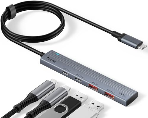Aceele Multiport USBC Hub 10 Gbps, Ultratunn USB-splitter 3.2 Gen 2 (100cm) | 2* USB-A + 2* USB-C-hubbar, aluminiumhölje, höghastighets-USB-C-datahubbadapter för MacBook Pro/Air, iPad, Samsung Chromebook