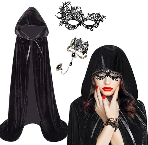 KYOEOE 3er Schwarzer Umhang mit Kapuze Set,140/150cm Halloween Umhang Samt mit SpitzeMaske & Gothic Finger Kette Vampir Umhang Damen Darth Mittelalter Cape Vampire Kostüm für Karneval Fasching Partys