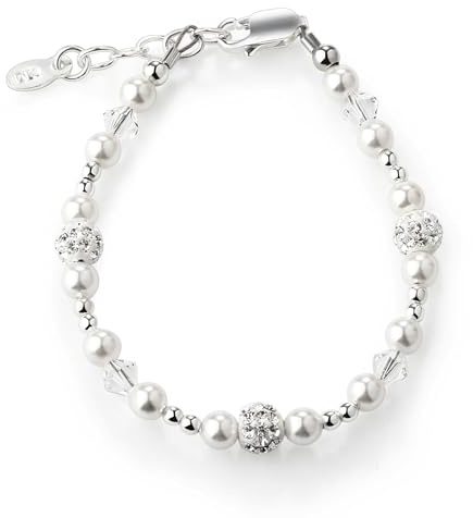Cherished Moments 925 Sterling Silver Bracelet for Babies, Toddlers and Little Girls with Simulated Pearl, Crystal and Sparkling Stardust Beads, Princess Jewelry, Granddaughter Gift (MED)
